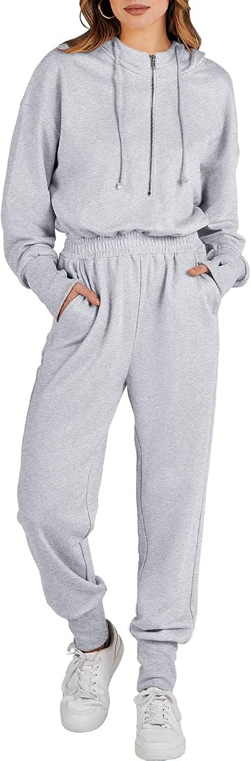 Caracilia Womens Jumpsuit Long Sleeve Zip Up One Piece Casual Lounge Hooded Sweatsuit Sweat Pants Rompers Onesie | Amazon (US)