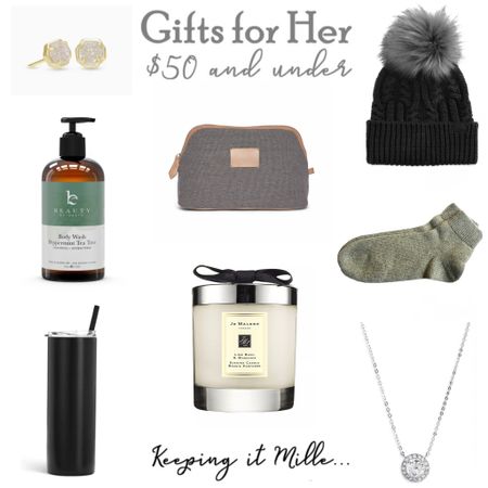 Gifts for her under $50. Tea Tree Peppermint Body wash, toiletry bag, Mega Pom Beanie, Skinny tumbler, Jo Malone candle, cashmere socks, CZ pendant necklace. Hanukkah and Christmas gift ideas. #LTKGiftGuide

#LTKunder50 #LTKHoliday