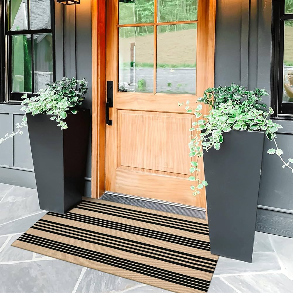 KIMODE Front Door Mats 24"x51", Black and Khaki Striped Layered Door Mats Outdoor, Machine Washab... | Amazon (US)