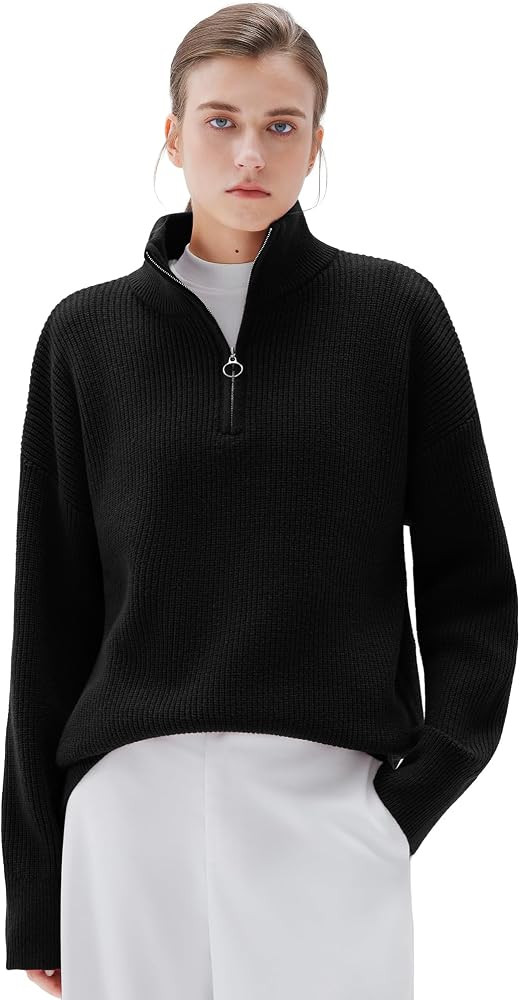 SUUKSESS Women Cashmere Oversized Quarter Zip Pullover Sweater Long Sleeve Collared Ribbed Knit J... | Amazon (US)