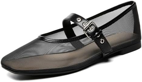 Rihero Mesh Ballet Flats for Women Square Toe Mary Jane Flats Comfortable Casual Ballerina Shoes | Amazon (US)