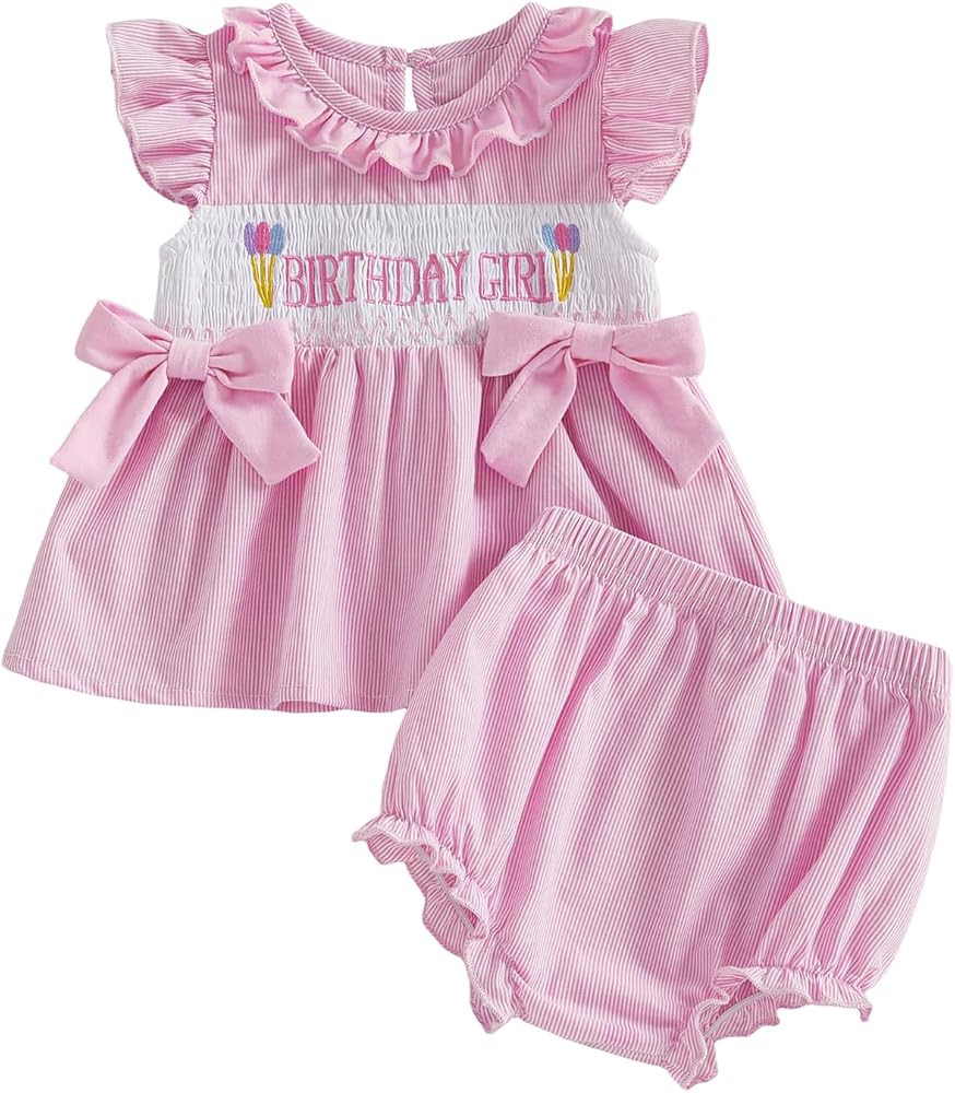 Baby Girl Birthday Outfit Letters Bow Embroidery Short Sleeve Shirts Elastic Waist Shorts Birthda... | Amazon (US)
