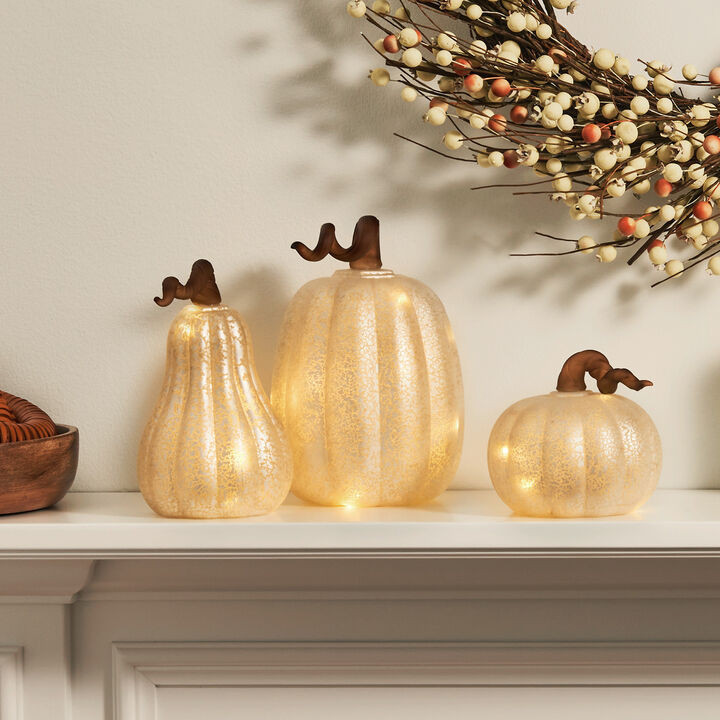 White LED Pumpkins with Mercury Glass Finish, Set of 3 | Lights.com