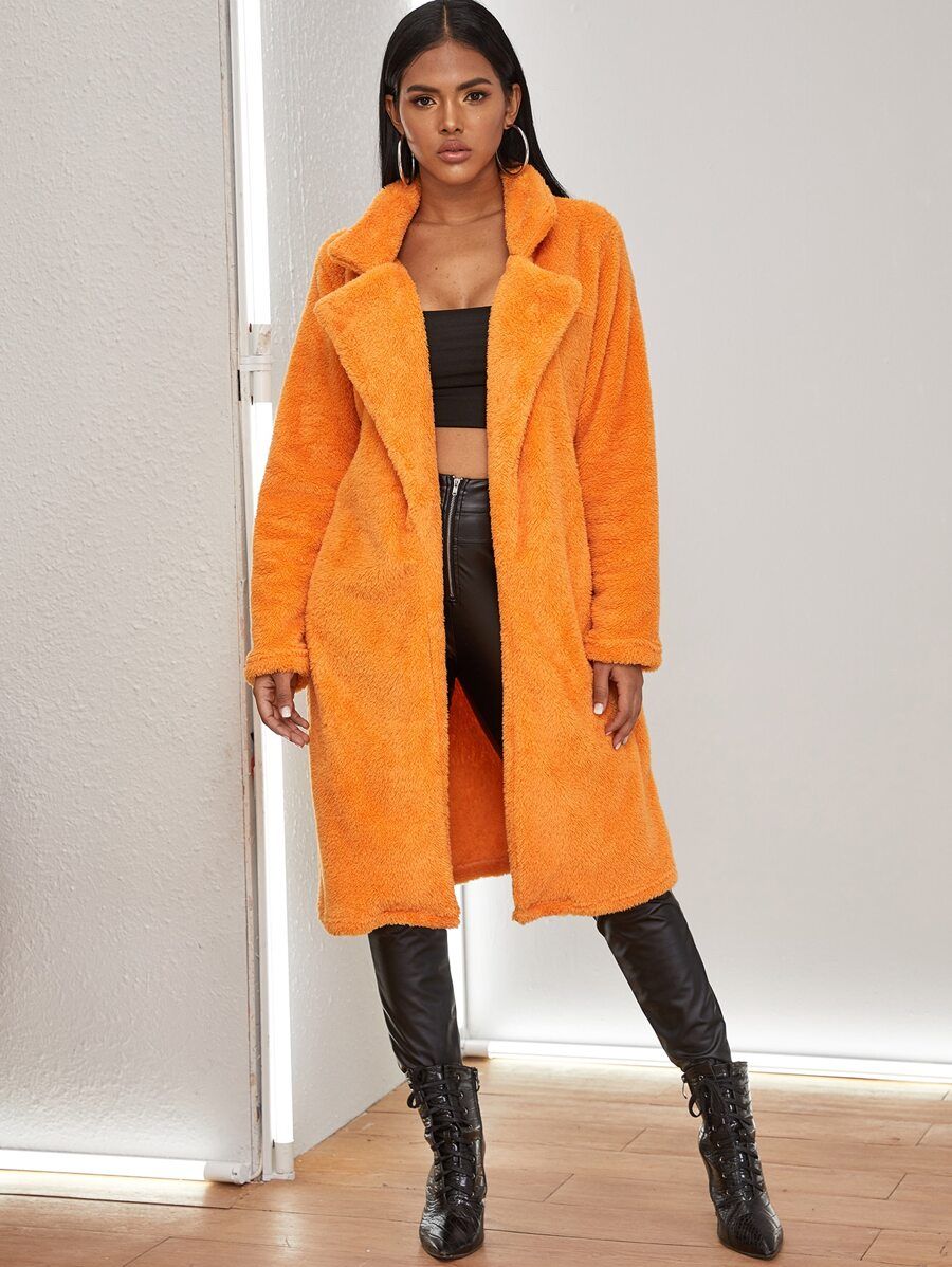 Neon Orange Notched Collar Teddy Coat | SHEIN