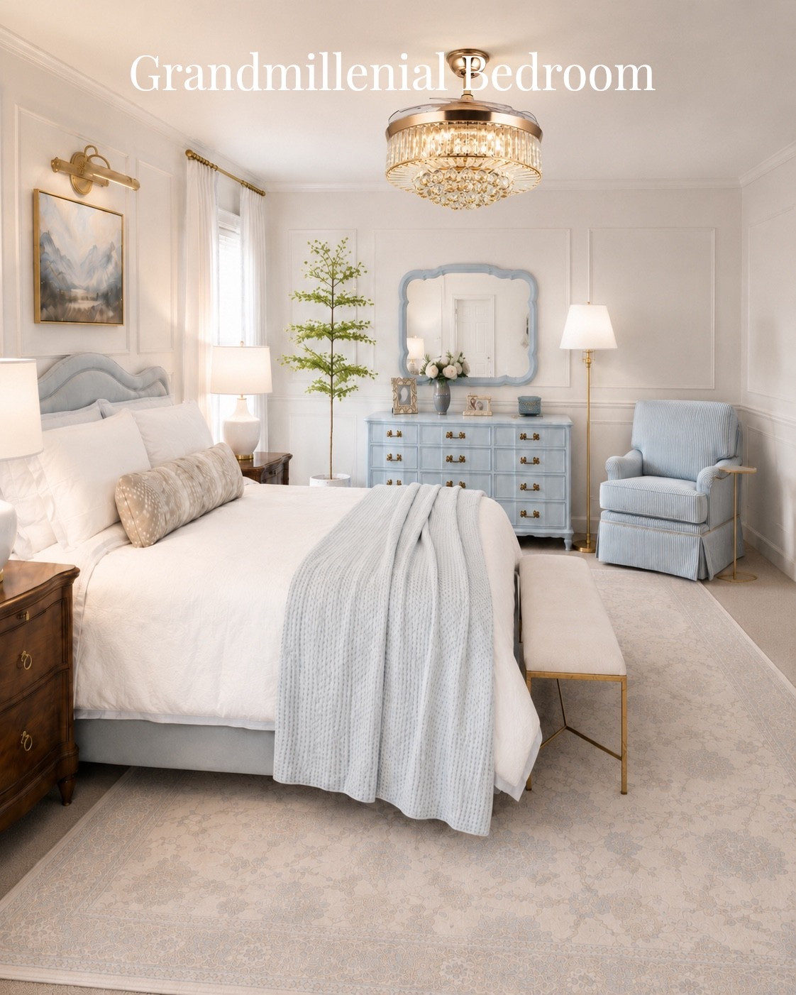 Grandmillennial bedroom, but make it soft, calm, and collected. 🤍

I love mixing classic wood nightstands, blue-and-white bedding, soft patterned textiles, brass accents, and tailored trim details for that traditional-meets-fresh look. It feels timeless without feeling too formal.

Sharing exact + similar finds to meet multiple budgets: upholstered bed, vintage-style rug, brass curtain rods, pleated drapes, classic lamps, landscape art, and a bench that finishes the whole room.

Shop this grandmillennial bedroom look below. 

#wayfaircreator #amazonhome #targetfinds #walmartcreator

#LTKHome