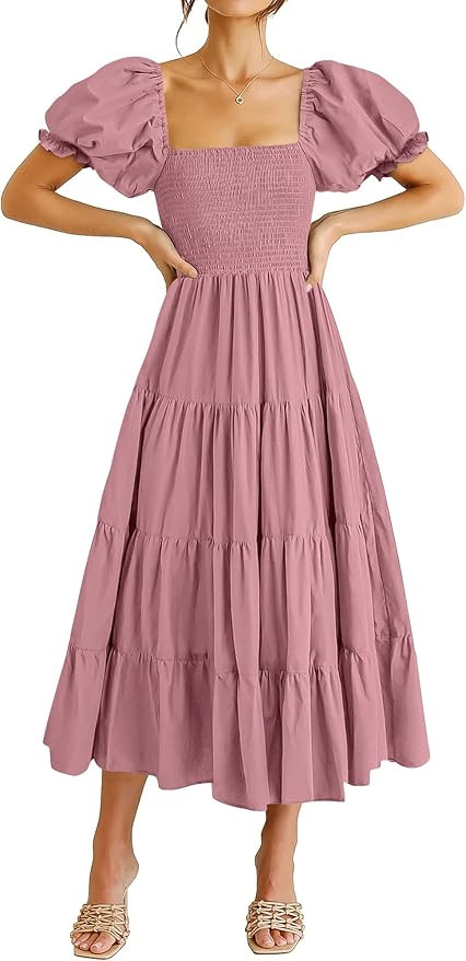 ANRABESS Women's Casual 2024 Summer Midi Dress Puff Short Sleeve Square Neck Smocked Tiered Boho ... | Amazon (US)