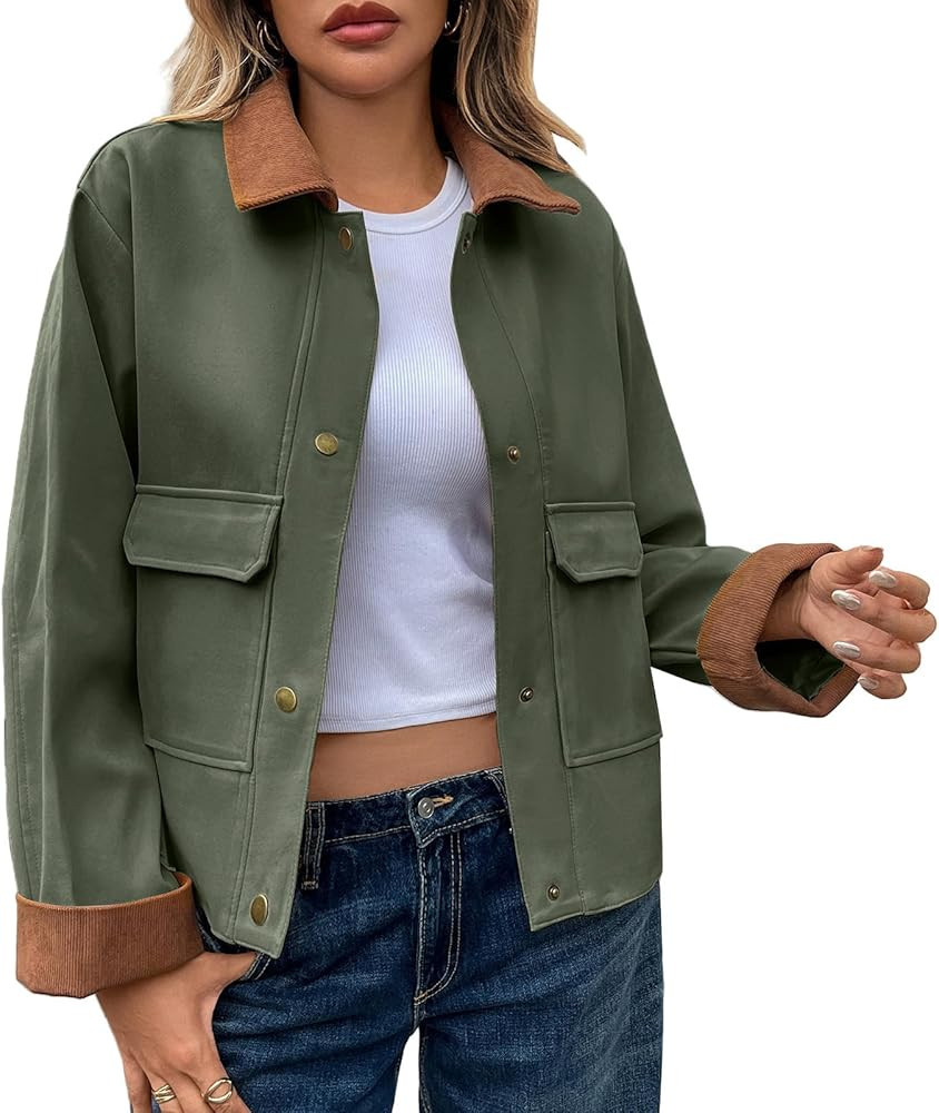 Oymyakon Women Cropped Jacket Contrast Collar Utility Coat Button Down Barn Jacket Fall Casual Ca... | Amazon (US)