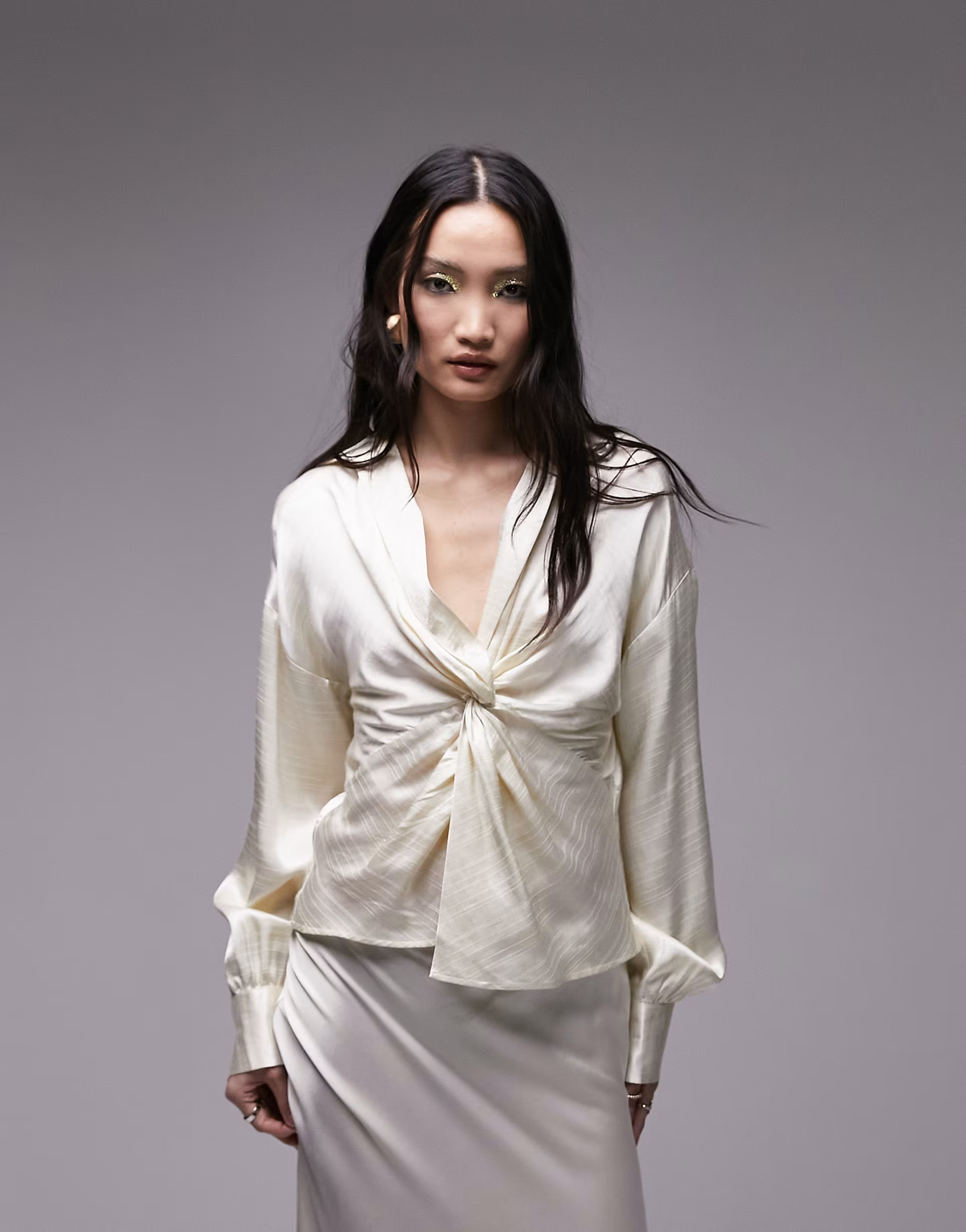 Topshop premium knot front satin long sleeve top in cream | ASOS (Global)