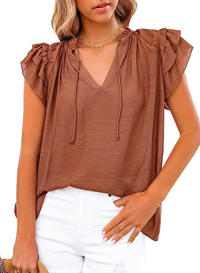 AlvaQ Women Summer Ruffle Short Sleeve Shirts Casual V Neck Chiffon Blouse Tank Tops | Amazon (US)