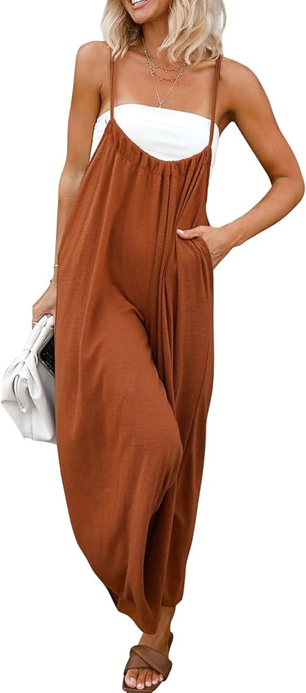 Rousytn Women's Casual Overalls Adjustable Straps Baggy Jumpsuits Wide Leg Rompers with Pockets | Amazon (US)
