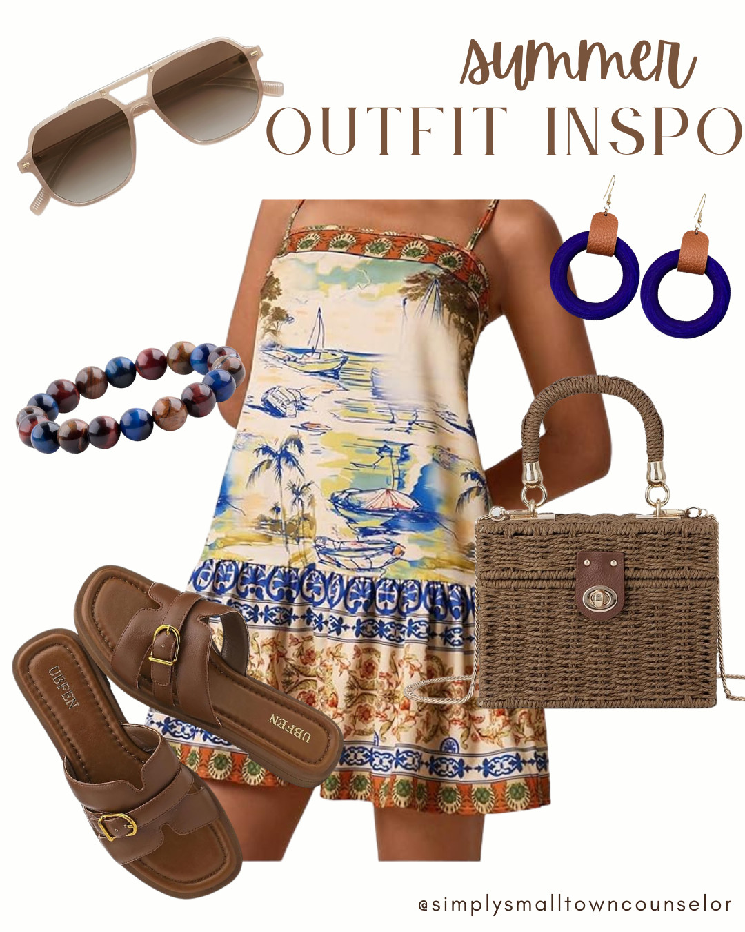 Summer outfit inspo ☀️🤎 Coastal vibes with a pop of blue — this printed dress is such a fun statement piece for summer! Paired it with simple brown accessories, comfy sandals, and the cutest woven bag for an easy look you can wear on vacation, date night, or summer weekends ✨👜 

 