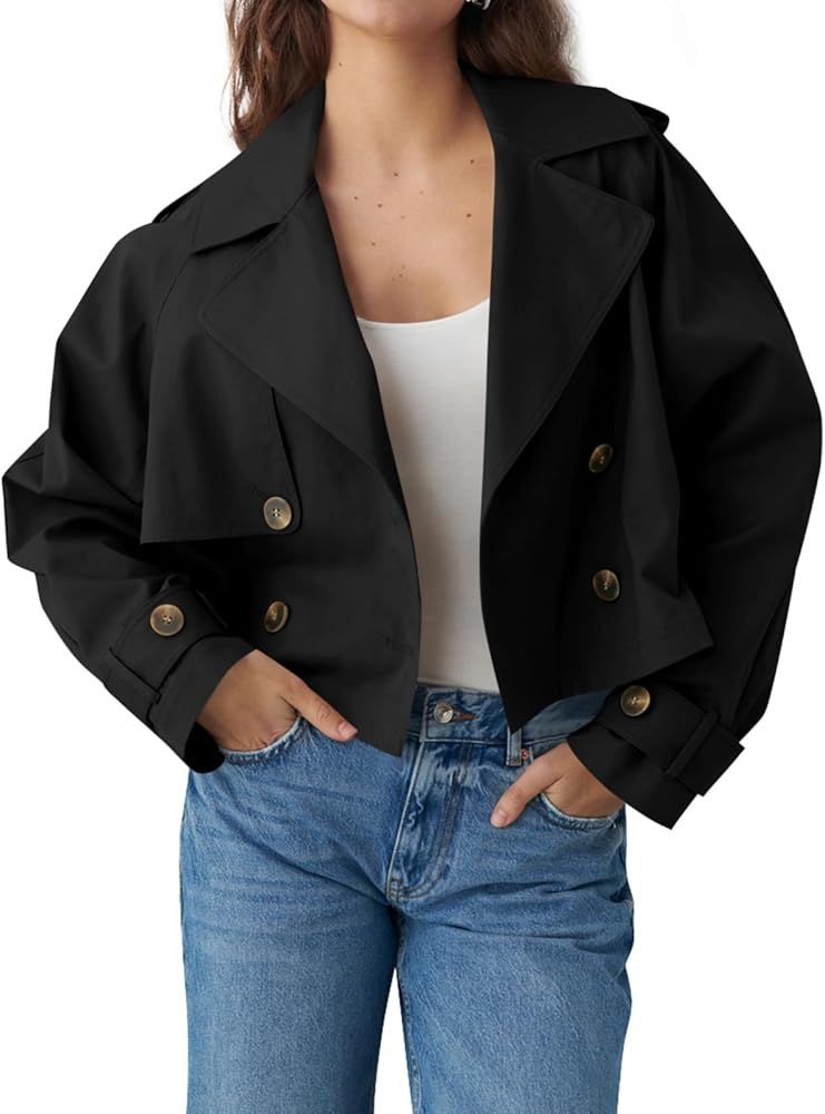 Tankaneo Womens Cropped Trench Coat Lapel Double Breasted Short Jacket Outwear with Pockets | Amazon (US)