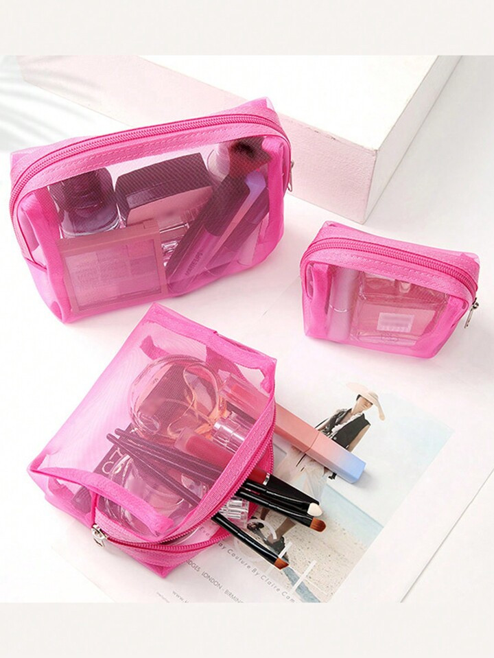3pcs/Set Pink Transparent Mesh Makeup Bag Set, Including Large Capacity Makeup Organizer, Small L... | SHEIN