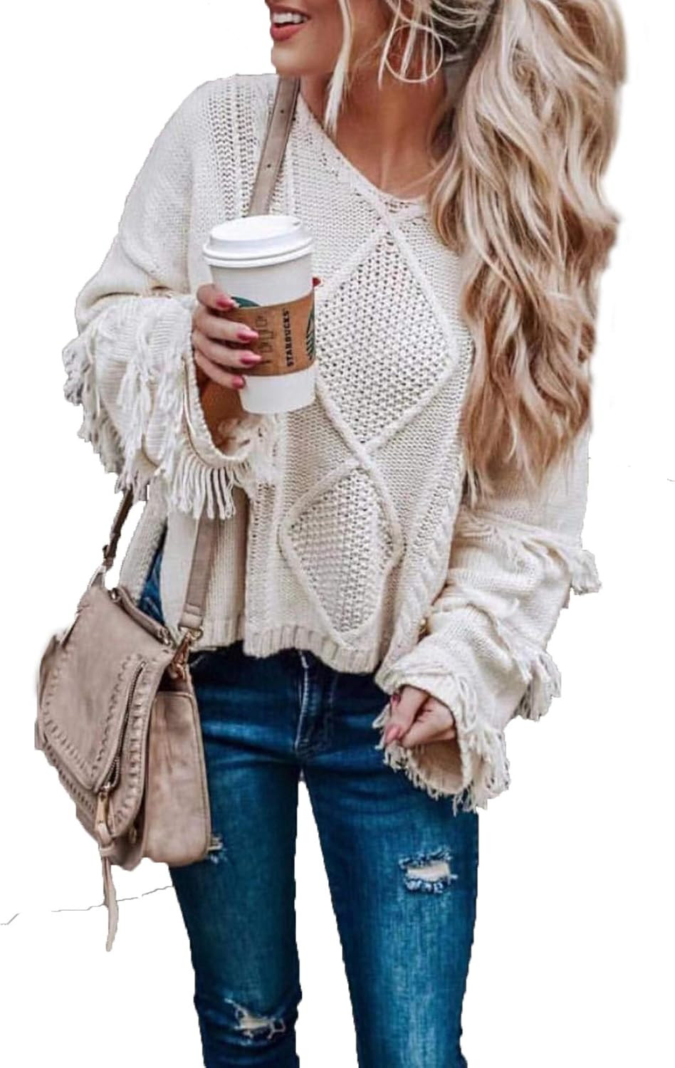 HZSONNE Women's Casual V Neck Tassel Bell Long Sleeve Boho Loose Kimono Cable Knit Pullover Sweater  | Amazon (US)