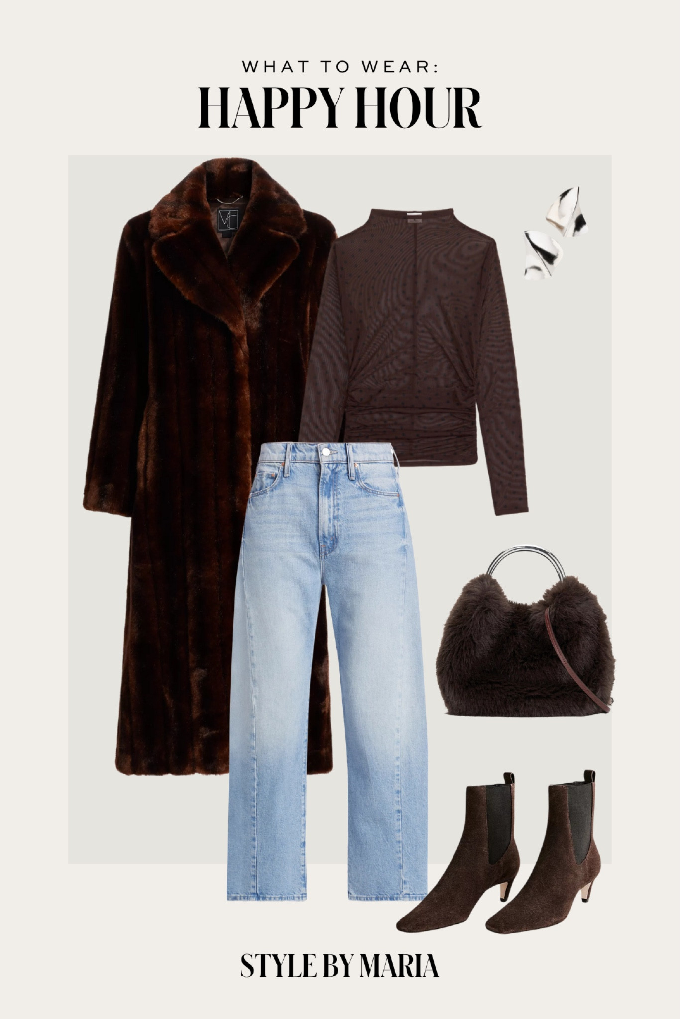 Winter outfit / holiday outfit
Avec les filles faux fur coat
Abercrombie sheer brown top
Mother jeans
Reformation brown booties
Staud faux fur bag 



#LTKFindsUnder100 #LTKSaleAlert #LTKHoliday