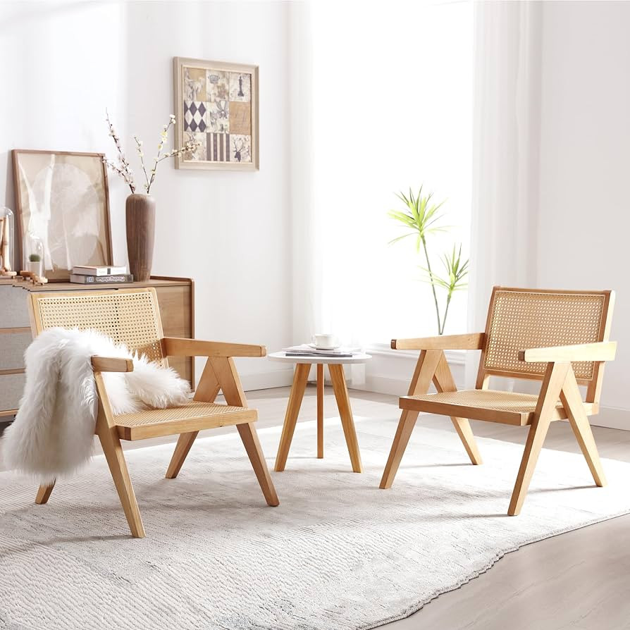 Accent Chairs Set of 2, Rattan Living Room Chairs with Wooden Frame, Woven Backrest & Seat, Mid-C... | Amazon (US)