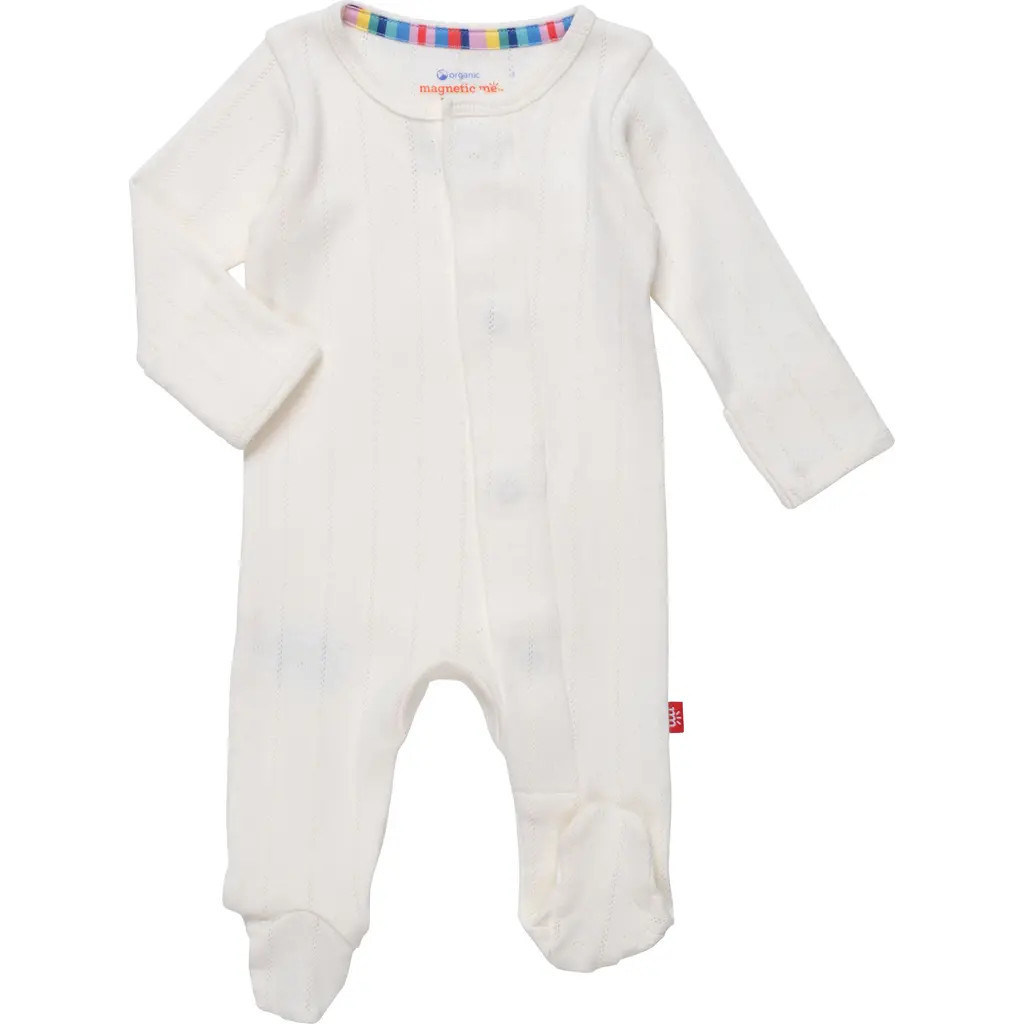 Magnetic Me Love Lines Pointelle Magnetic Organic Cotton Footie in White at Nordstrom, Size Newborn | Nordstrom