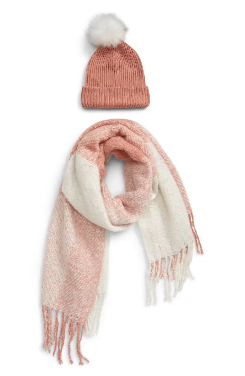 BP. Faux Fur Pom Beanie & Plaid Scarf Set | Nordstrom | Nordstrom