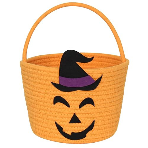MEGASKET Halloween Basket for Kids, Woven Cotton Rope Pumpkin Candy Basket, Cute Trick or Treat Bucket with Handle, Small Orange Boo Spooky Bins for Kids Adults, Halloween Decoration Gift Bin Empty | Amazon (US)