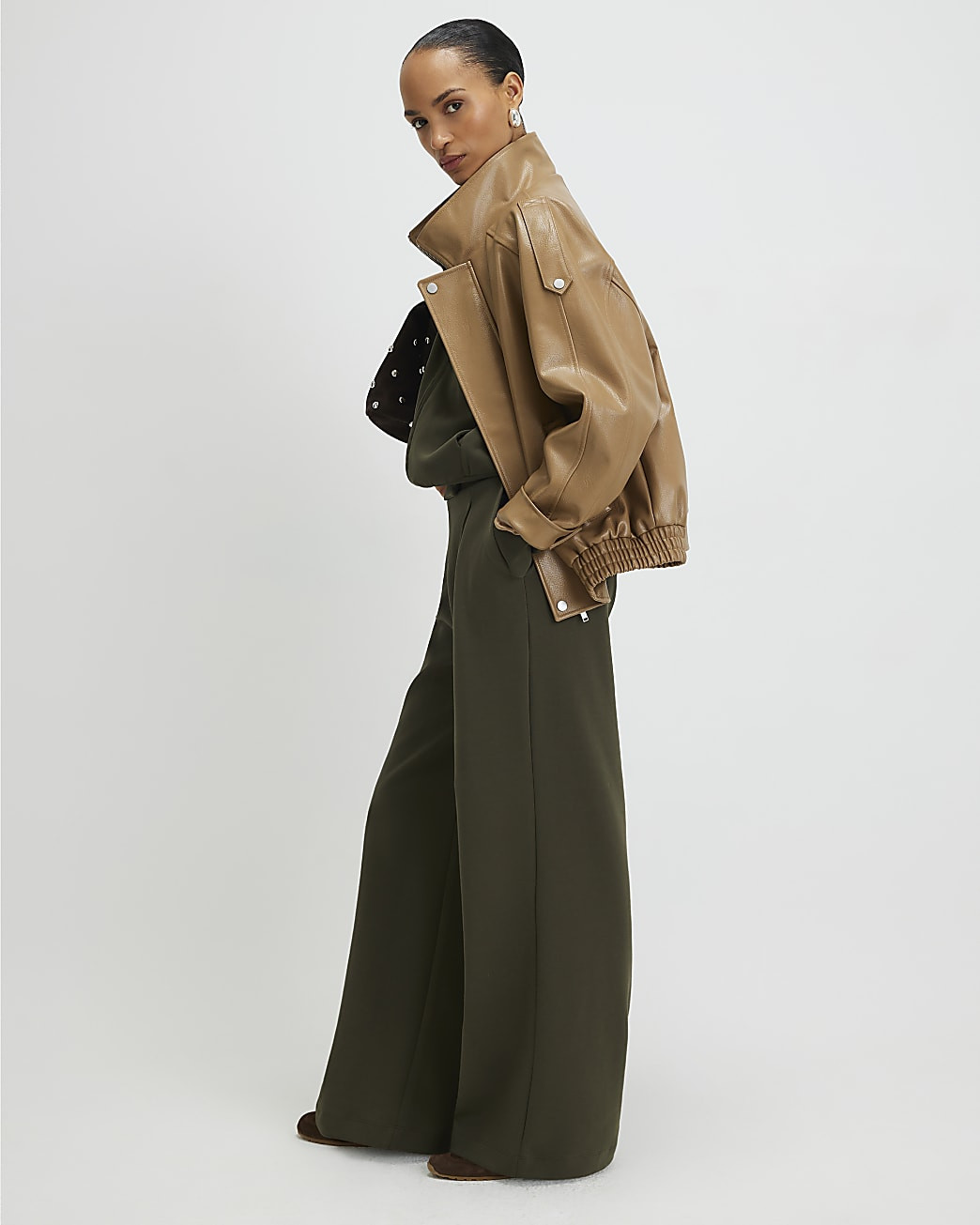 Khaki Tailored Wide Leg Trousers | River Island UK & IE