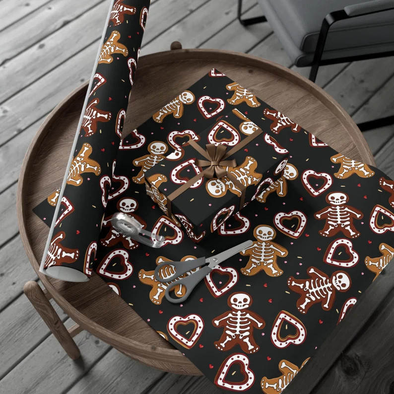 Skeleton Gingerbread Cookies Wrapping Paper | Horror Goth Witchy Christmas Winter Holiday Present... | Etsy (US)