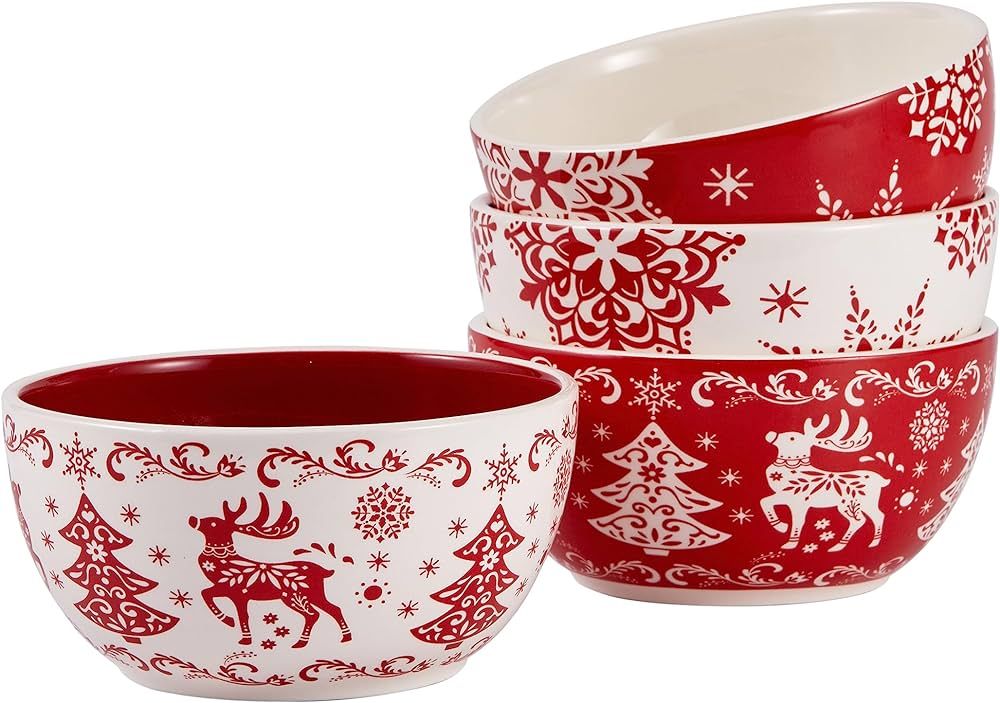 Bico Holly Jolly Ceramic Cereal Bowls Set of 4, 26oz, for Pasta, Salad, Cereal, Soup & Microwave ... | Amazon (US)