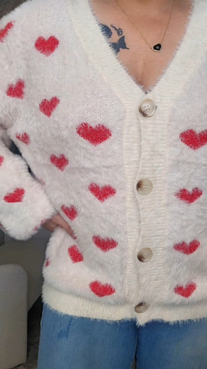 Found the most adorable heart print fuzzy by the down cardigan from Ecowish. Several colors and style options available. Wearing a large. 

#LTKHoliday #LTKSaleAlert #LTKOver40