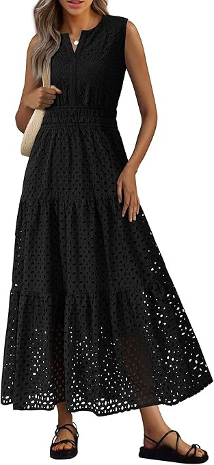 PRETTYGARDEN Womens 2026 Summer Maxi Dresses Sleeveless Sundresses V Neck Eyelet A Line Long Flow... | Amazon (US)