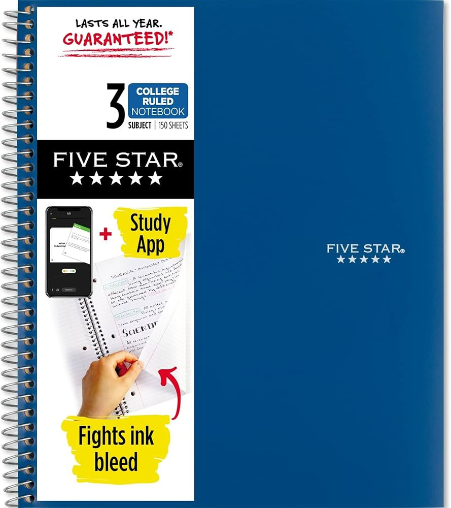 Five Star Spiral Notebook + Study App, 3 Subject, College Ruled Paper, Fights Ink Bleed, Water Re... | Amazon (US)