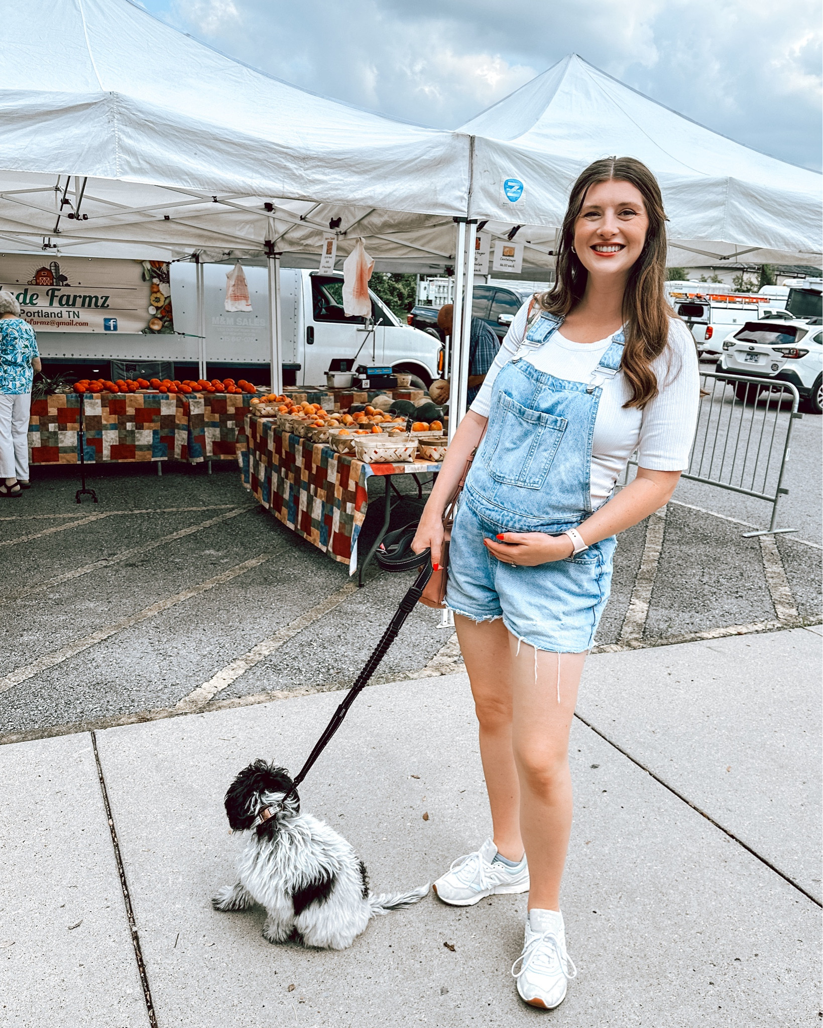 Farmers market outfit 😊 I love these bumpfriendly overalls. I sized up from my pre-pregnancy size. At 33 weeks pregnant these are my go to for a comfortable cute pregnancy outfit. 

#bumpfriendlyfit #nonmaternityoutfit #summeroveralls #pregnancyoutfit 

#LTKFindsUnder50 #LTKBump #LTKSeasonal