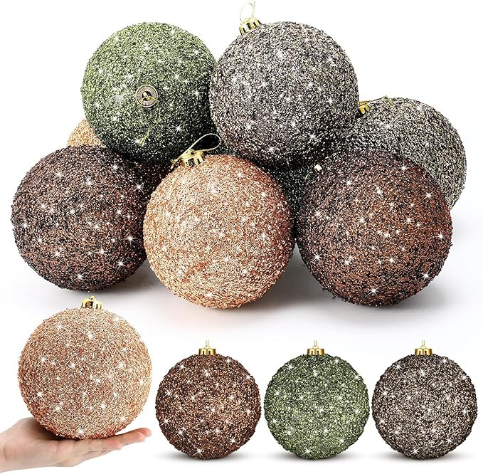 8 Pcs 6 Inch Glitter Christmas Ball Ornament Set Neutral Sequin Vintage Christmas Tree Decoration... | Amazon (US)