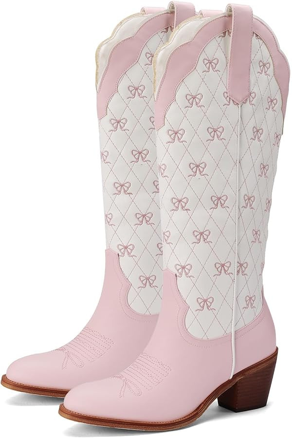 Cowboy Boots with Bow Knee High Embroidered Cowgirl Boots for Women Chunky Heel Pointed Toe Weste... | Amazon (US)