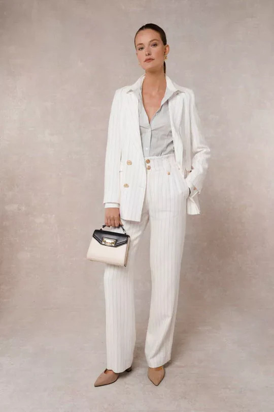 Double Breasted Blazer (Oyster Linen Pinstripe) | Holland Cooper