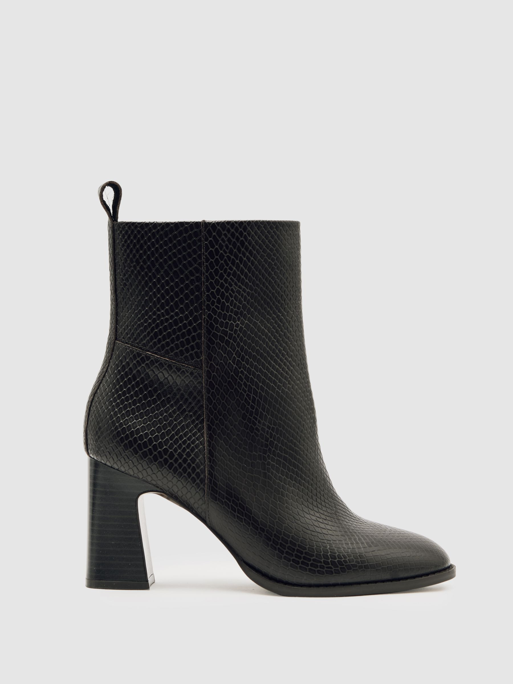 Leather Block-Heel Ankle Boots in Snake | Reiss US
