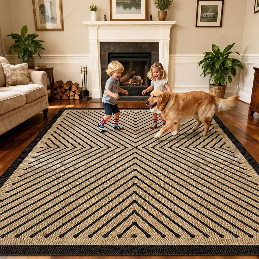 Washable Modern Geometric Easy Jute Rug, 8x10 Neutral Black Boho Outdoor Indoor Patio Farmhouse L... | Amazon (US)