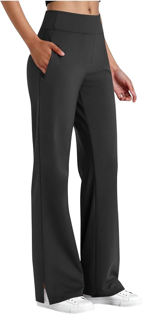 Women's Yoga Pants with Pockets Flare Leggings Split Hem Elastic Waist Solid Workout Casual Light... | Amazon (US)