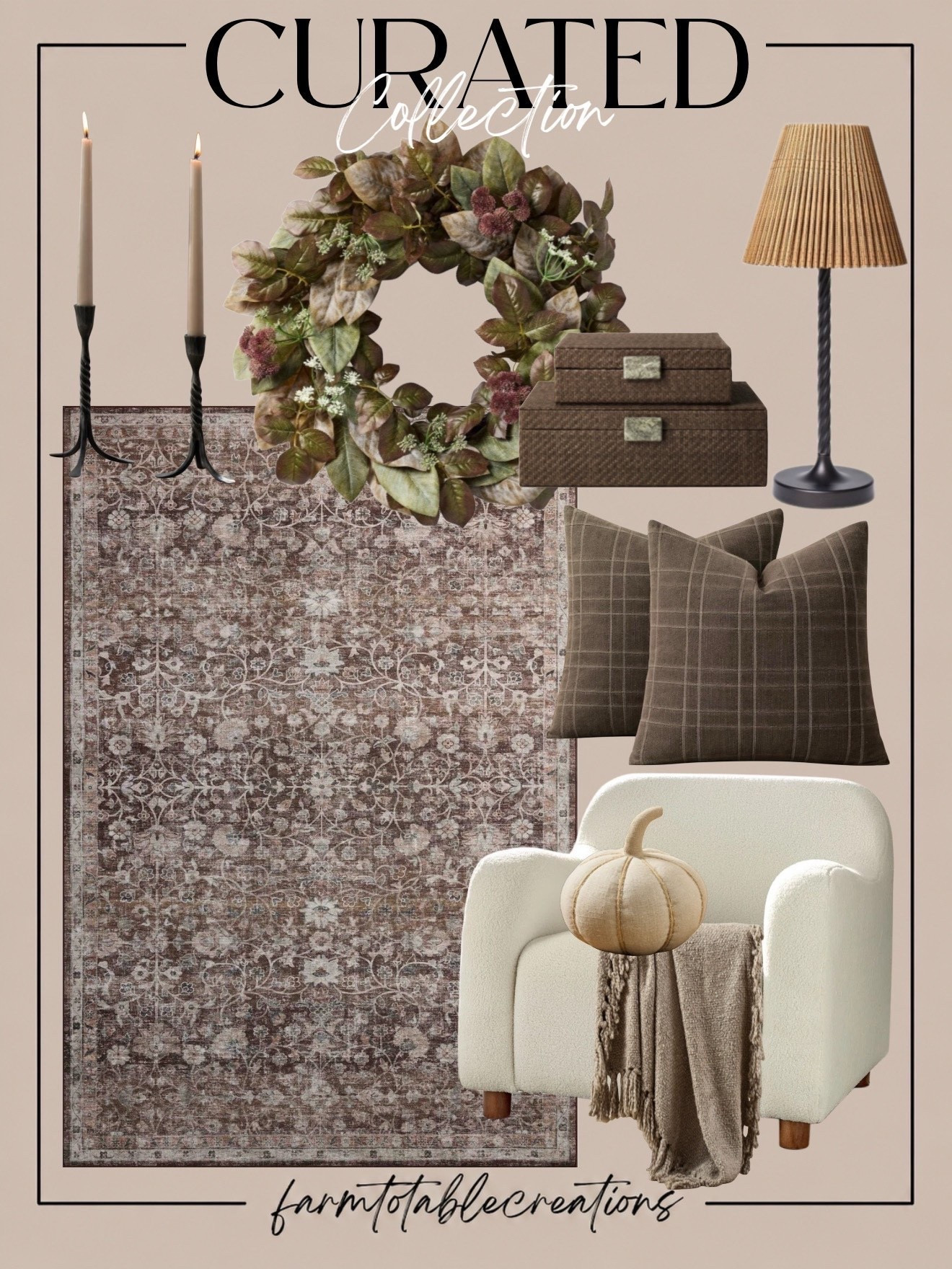 CURATED FALL COLLECTION

Follow @farmtotablecreations on Instagram for more home finds and styling inspiration.

Rich textures, warm neutrals, and timeless accents come together to create a home that feels cozy, collected, and effortlessly elevated. From the vintage-inspired rug and plaid pillows to the statement wreath and soft boucle chair, these are the pieces that make transitioning into fall feel simple and intentional.

#LTKHome #FallDecor #NeutralHome #AmazonHome #HomeStyling

#LTKHome #LTKSaleAlert #LTKSeasonal