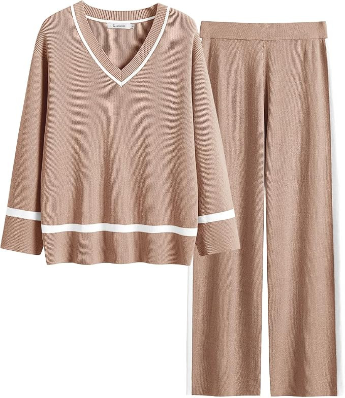 ANRABESS Women's 2 Piece Outfits Long Sleeve V Neck Knit Sweater Top and Wide Leg Pants Lounge Se... | Amazon (US)