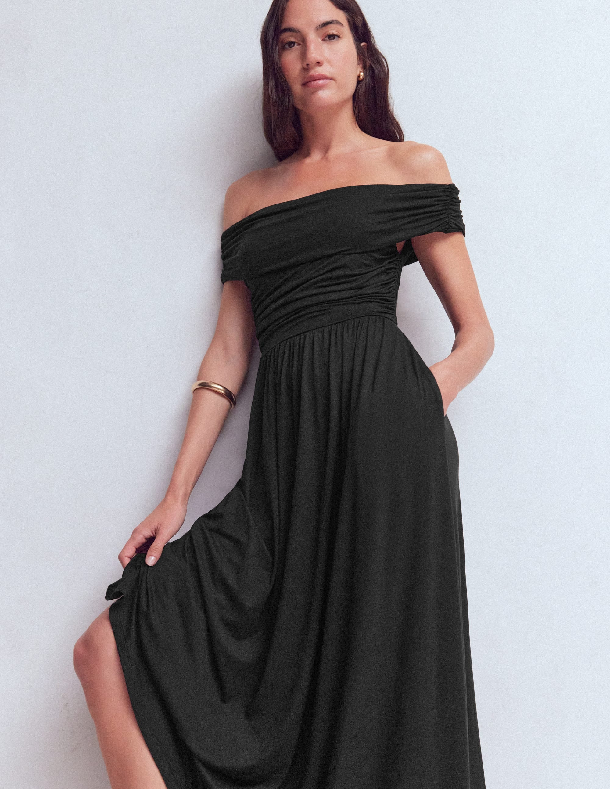 Ruched Bardot Jersey Dress-Burgundy | Boden UK