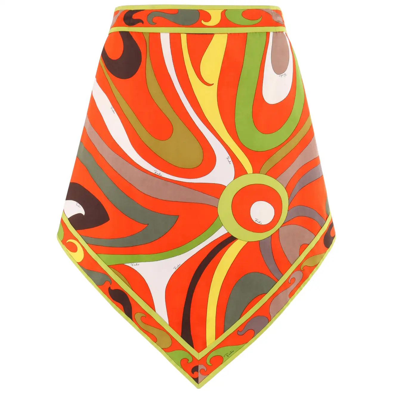 EMILIO PUCCI c.1960’s Multi-Color Signature Print Cotton Scarf Hem A-line Skirt | 1stDibs