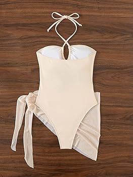 OYOANGLE Women's Cut Out Criss Cross Halter One Swimsuit Bathing Suit with Cover Up Skirt | Amazon (US)