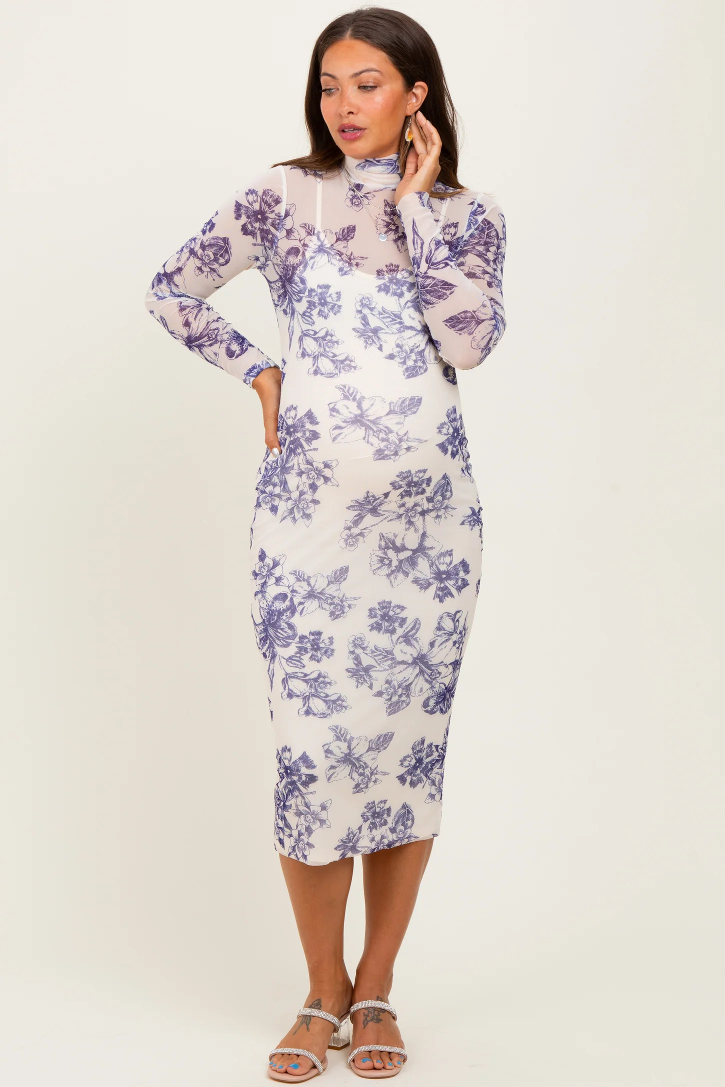 Ivory Floral Mesh Mock Neck Long Sleeve Maternity Midi Dress | PinkBlush Maternity
