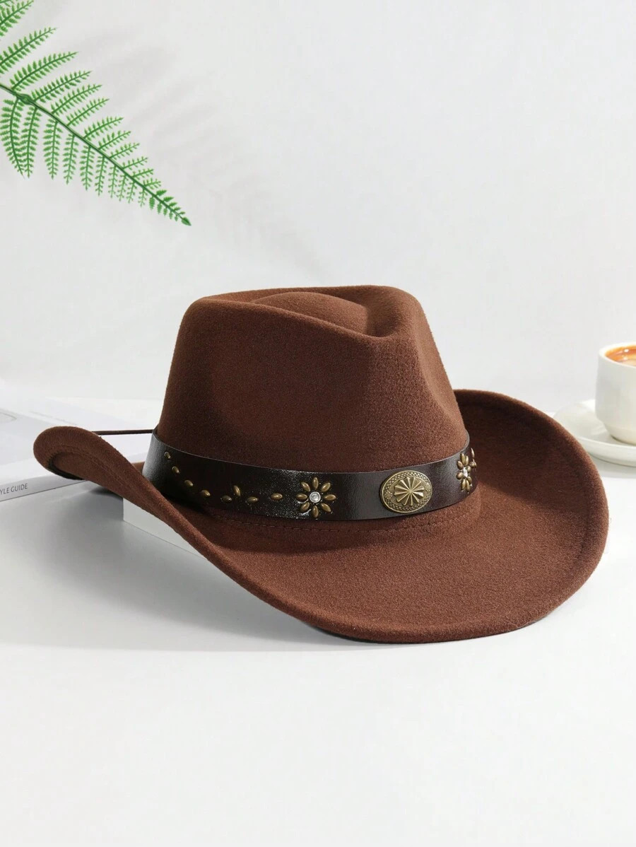 1pc Unisex Belt Decor Boho Cowgirl Hat Cowboy Hat Jazz Panama Hat Soft Felt Hat Wide Brim Fedora ... | SHEIN