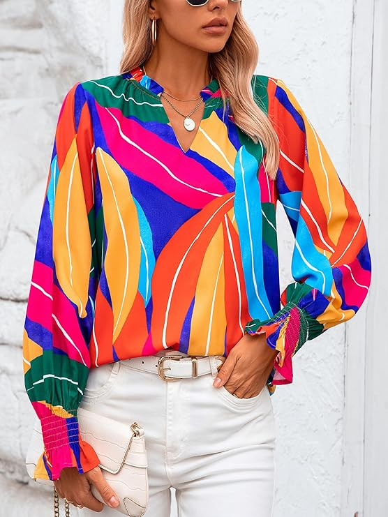 MASCOMODA Womens V Neck Floral Long Sleeve Tops 2025 Summer Casual Loose Puff Sleeve Chiffon Boho... | Amazon (US)