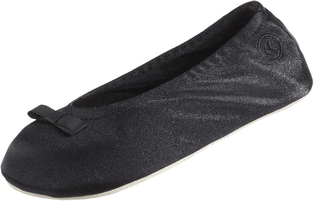 isotoner Women's Satin Ballerina Slippers with Classic Ribbon Or Soft Tie Bow and Suede Sole | Amazon (US)