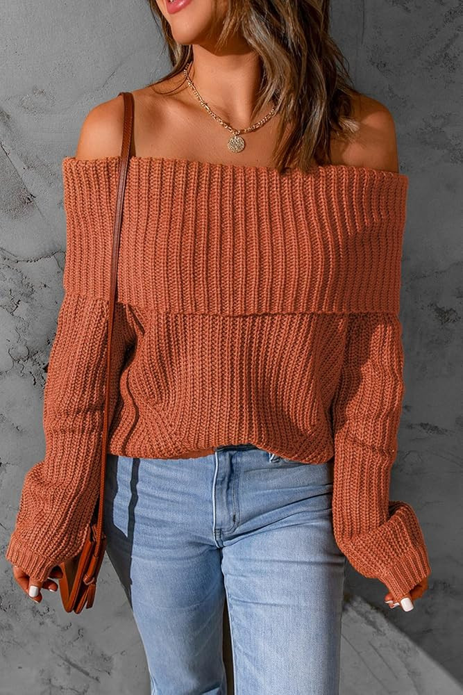 Potany Women's Pullover Sweater Long Sleeve Off Shoulder Casual Winter Solid Loose Knit Jumper To... | Amazon (US)