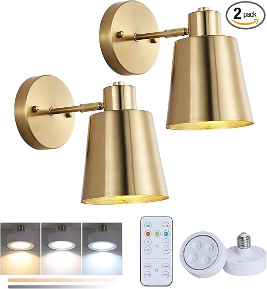 Battery Operated Wall Sconce Set of Two,Gold Modern with Remote Control Dimmable Wall Lighting In... | Amazon (US)