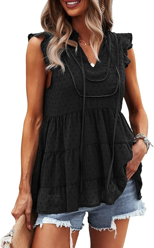 PRETTYGARDEN Women's Casual Chiffon Blouses Summer Cap Sleeve V Neck Swiss Dot Ruffle Babydoll Shirt | Amazon (US)