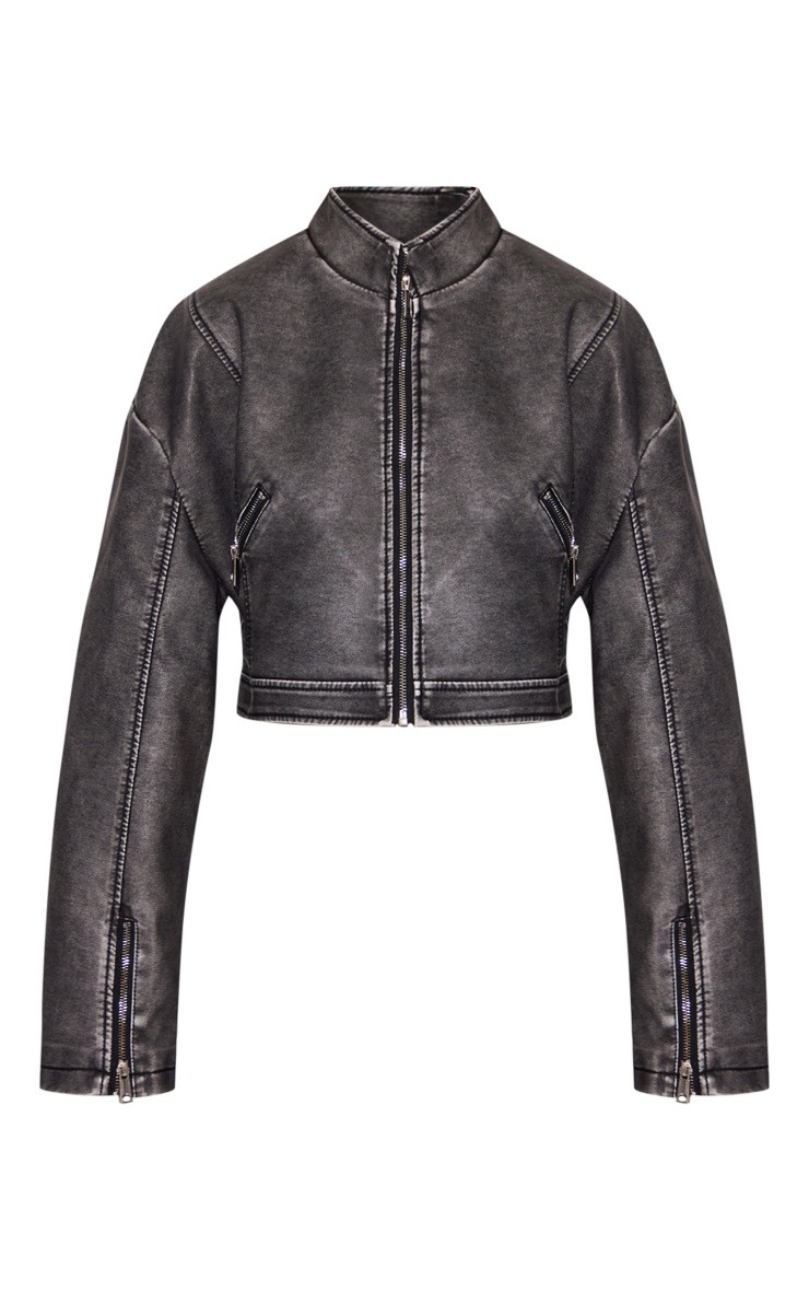 Grey Distressed Faux Leather Zip Front Cropped Biker Jacket | PrettyLittleThing UK