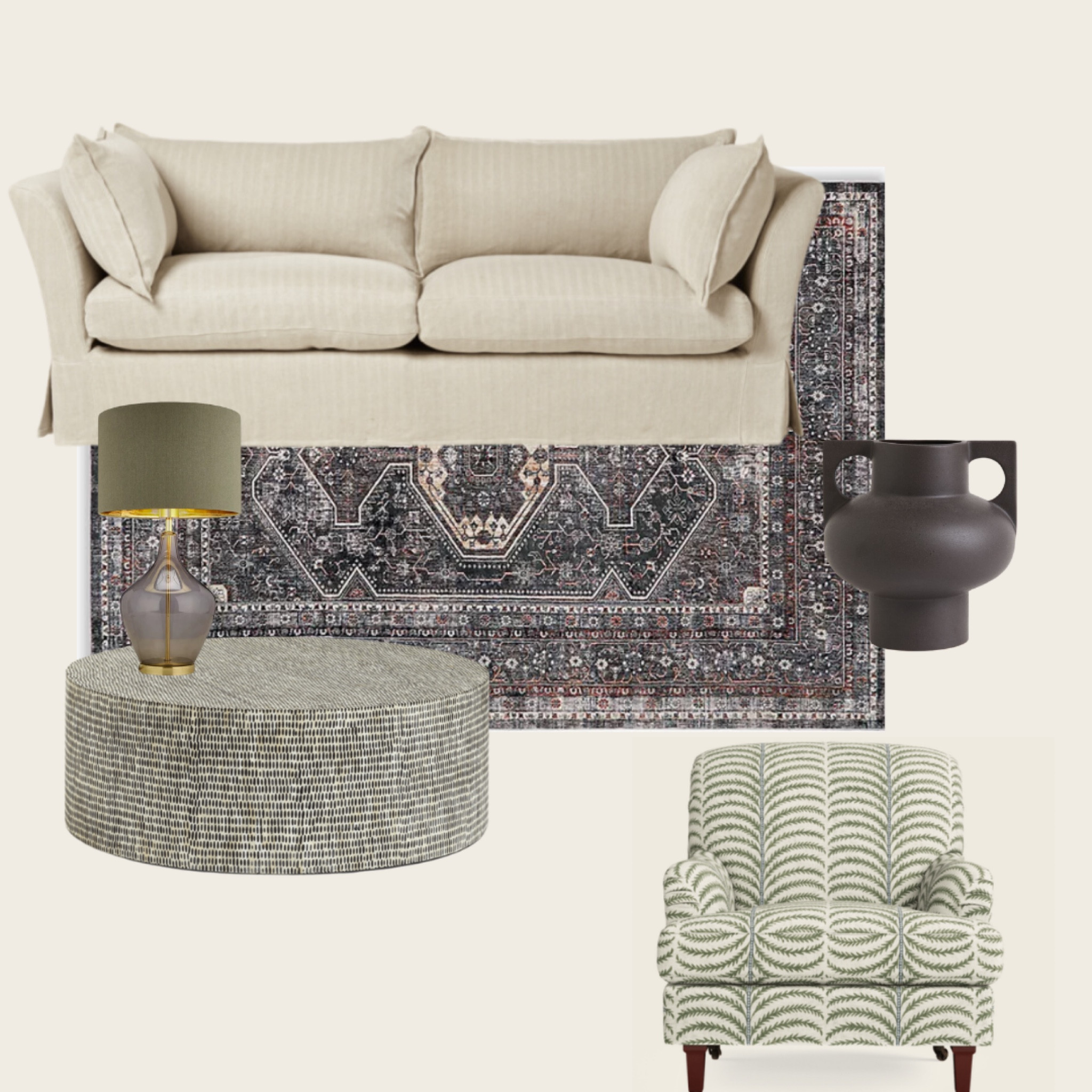 Cosy and aesthetic living room scheme with subtle pattern and traditional pieces  